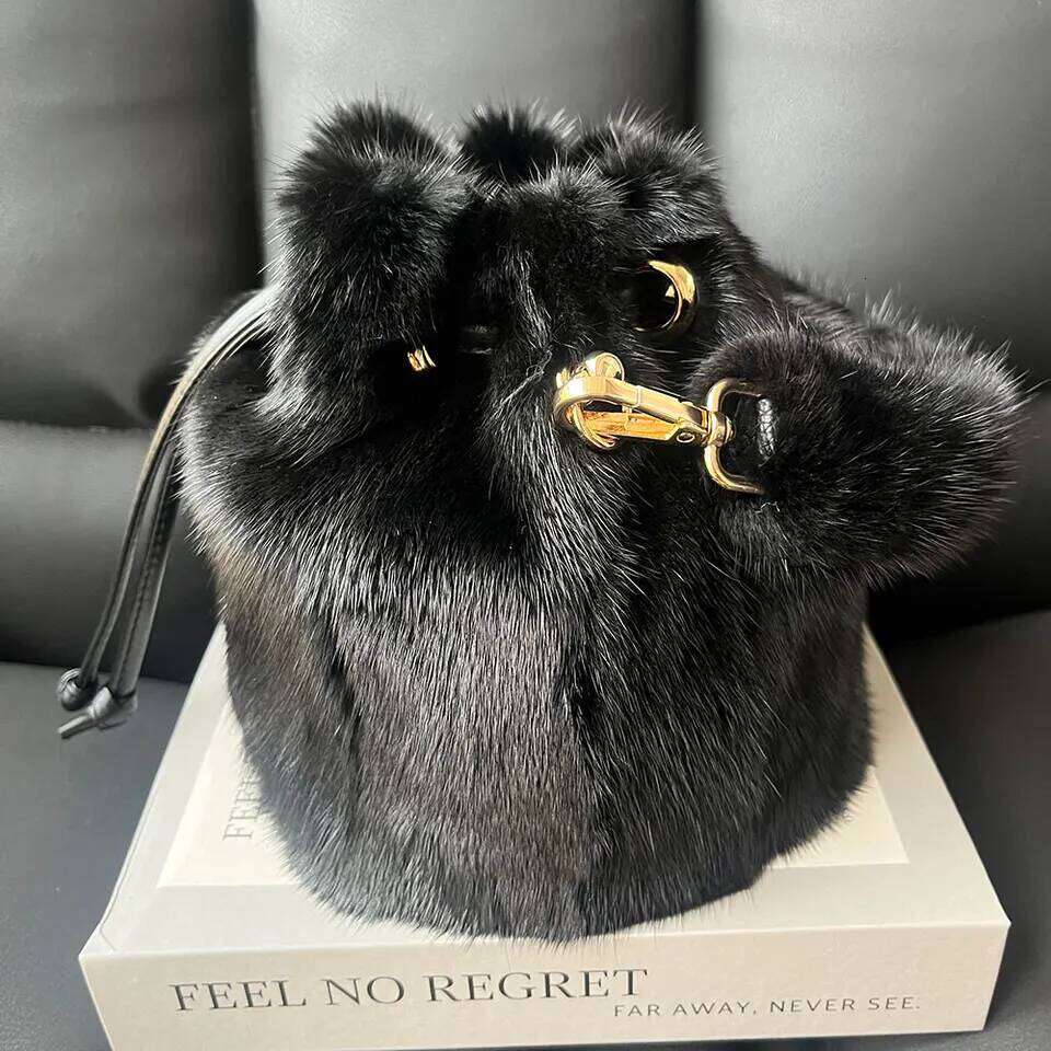 Real Mink Fur For Women Winter Luxury Handbags Crossbody Evening Bags Ladies Fluffy Bucket Bag