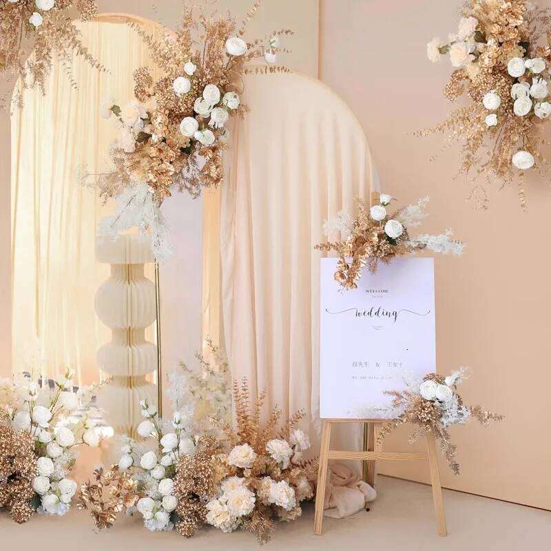 Custom Golden Leaf Plants Rose Flower Arrangement Wedding Backdrop Deco Wall Hanging Table Floral Row Window Display Y260130