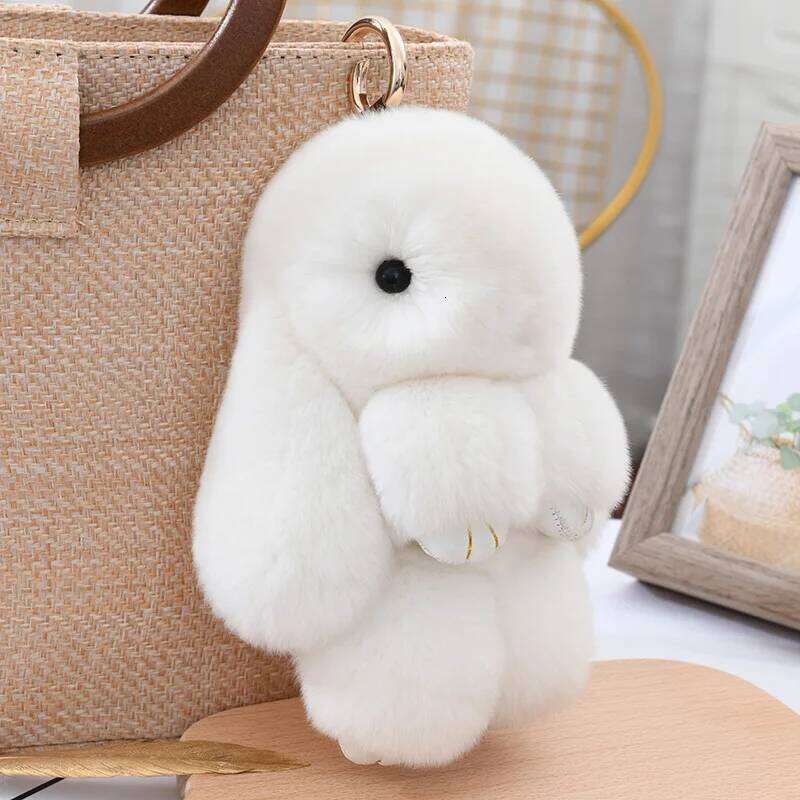 Fluffy Cute Bunny 18CM Real Fur Keychain Rex Rabbit Pom Gift Toy Doll Women Bag Pendant Charm Car Key Keyring Metal ring Z260130