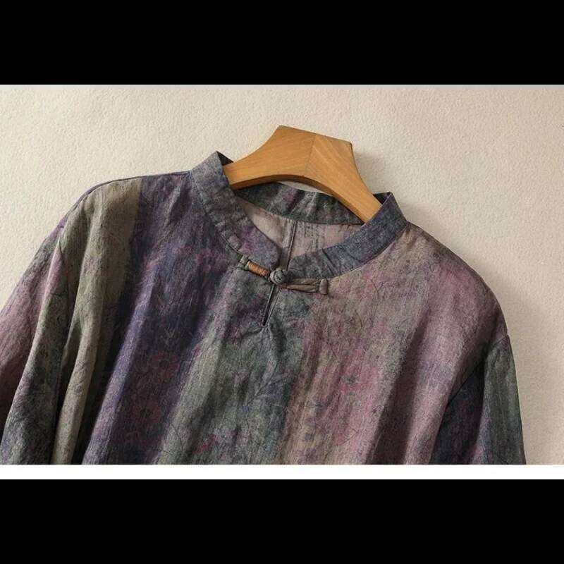 Women's Chinese Style Floral Print Linen Mandarin Collar Loose Fit Short Sleeve Midi Dress