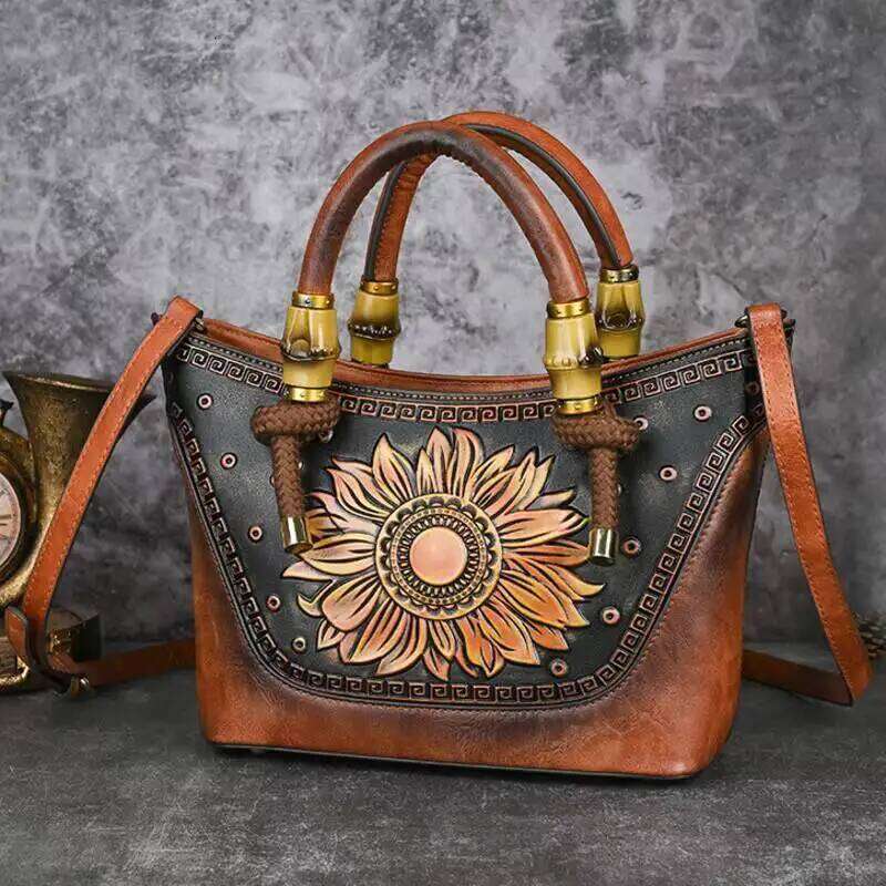 MOTAORA Bamboo Handle Tote Bag For Women Large Capacity Embossed Leather Crossbody Purse Vintage Handbag With Adjustable Strap KABAHEBINGJUE
