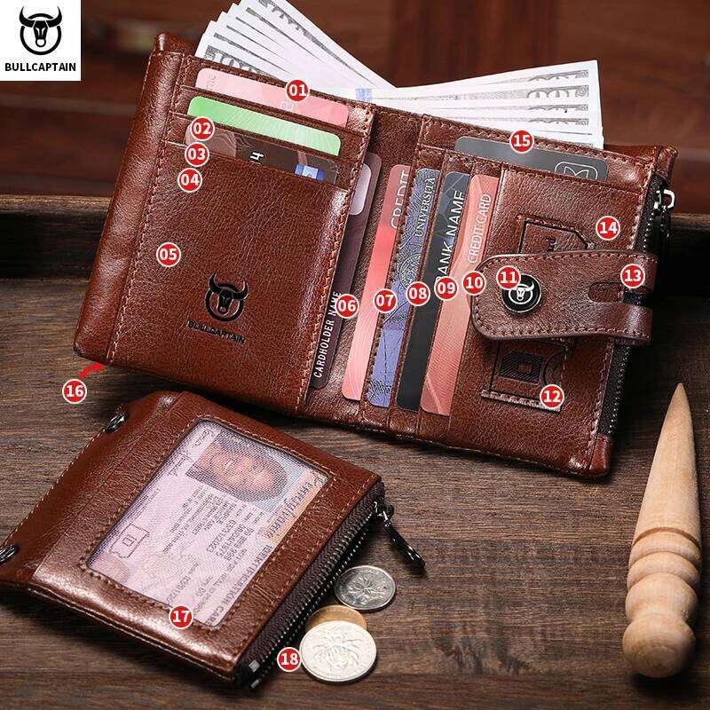 BULLCAPTAIN Men's Genuine Leather Business Retro Snap Wallet Multifunctional RFID Anti-Theft Zipper Multi-Card Coin Purse Z260130
