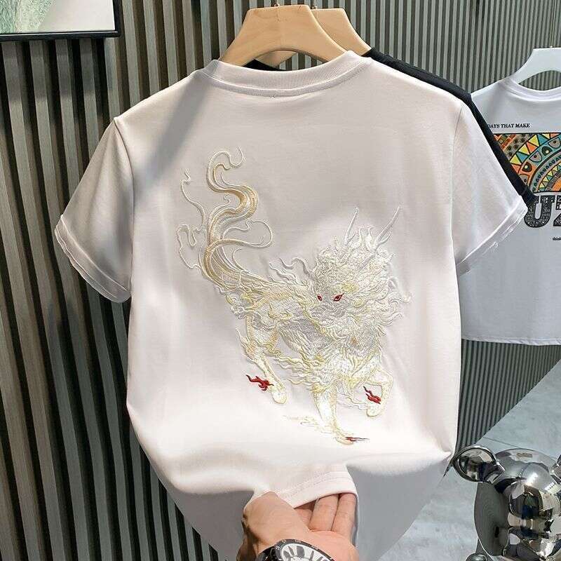 Heavy Industry Kirin Embroidery T-Shirt Large Size Half Loose Short Sleeve National Trend Chinese Style Men's Clothing Luanyun - view 5