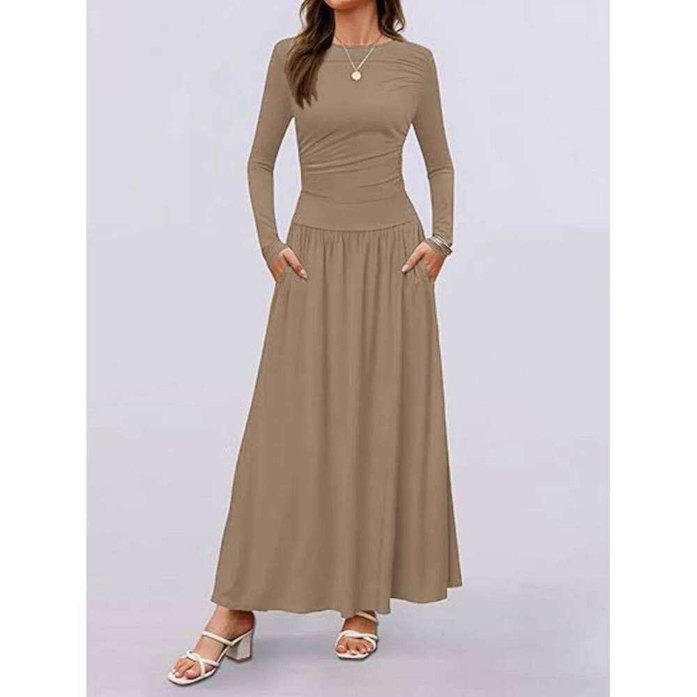 Autumn New Arrivals Women Long Sleeve Maxi Dress Comfortable Fit Ruched Detail Multi Color for Casual Everyday Wear XJ260130