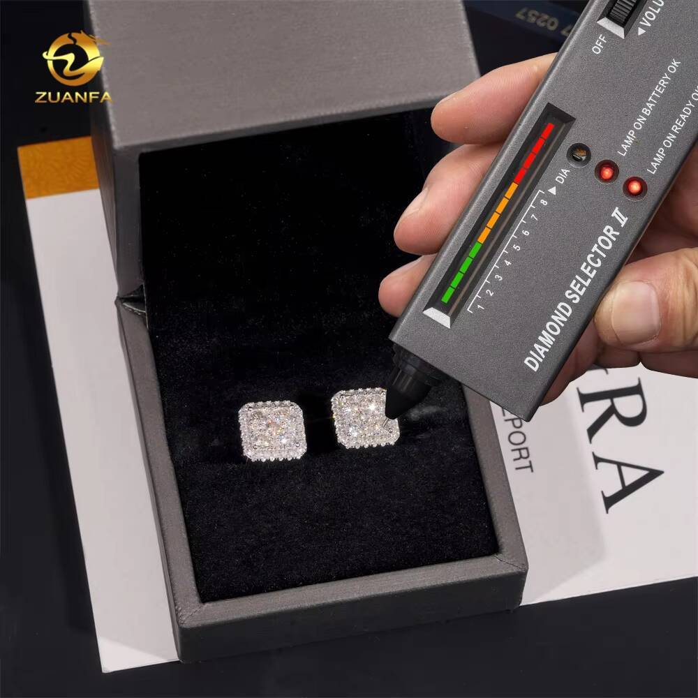 Hip Hop Luxury High Quality VVS Diamond Square Iced Out Mens 925 Silver Moissanite Earrings