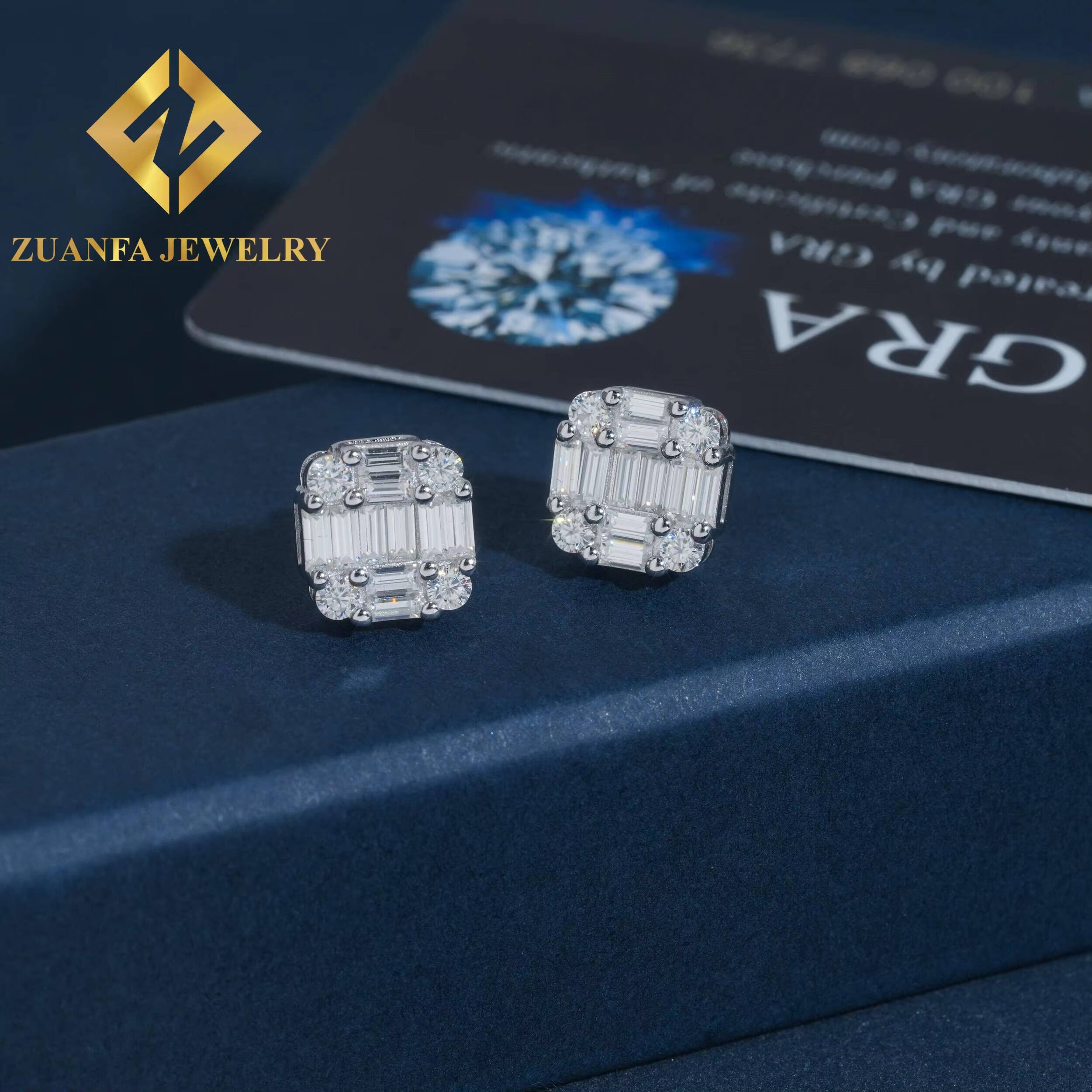 Wholesale Price GRA Certificates Square Shape Stud Earring Hip Hop 925 Sterling Silver baguette Moissanite Luxury Stud Earring