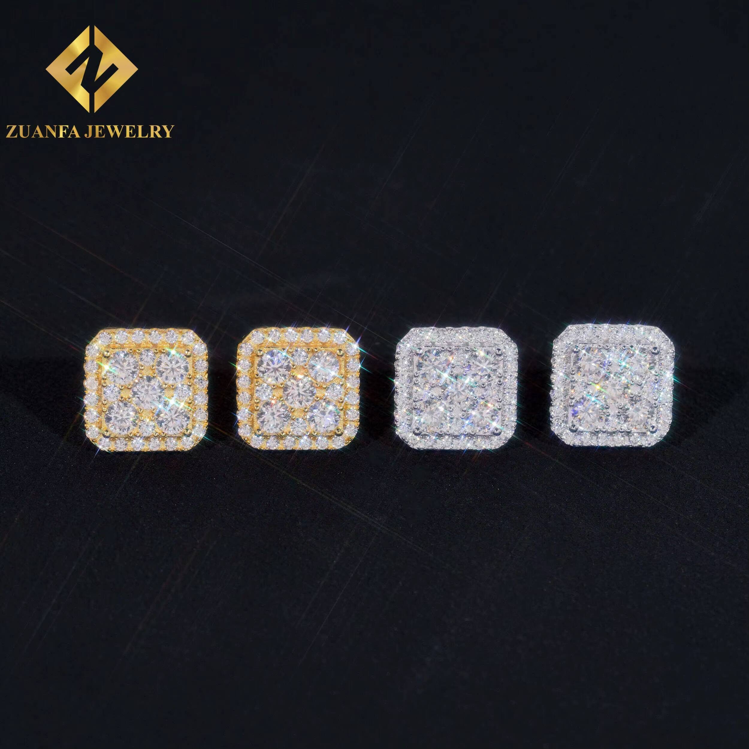 Square Shape VVS Moissanite Stud Earrings 925 Silver Gold Plated Stud Earring Fine Hip HOP Jewelry Men Women