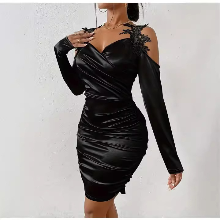 Luxury Brand Designer Clothes 2025 European And American Spring And Autumn New Satin Elegant Lace Bodycon Dress Ruched Dress