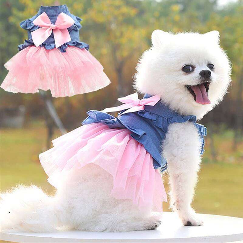 Summer Puppy Clothes Pet Denim Dresses for Small Dogs Pomeranian Chihuahua Dog Kitten Skirt Princess Dress Pink Girls Clothing H260129