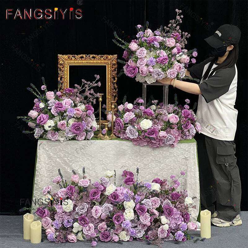 Purple Rose Artificial Flower Row runner NEW Luxury Wedding Table Centerpiece flower ball wreath Backdrop Decor Party Stage prop W260130