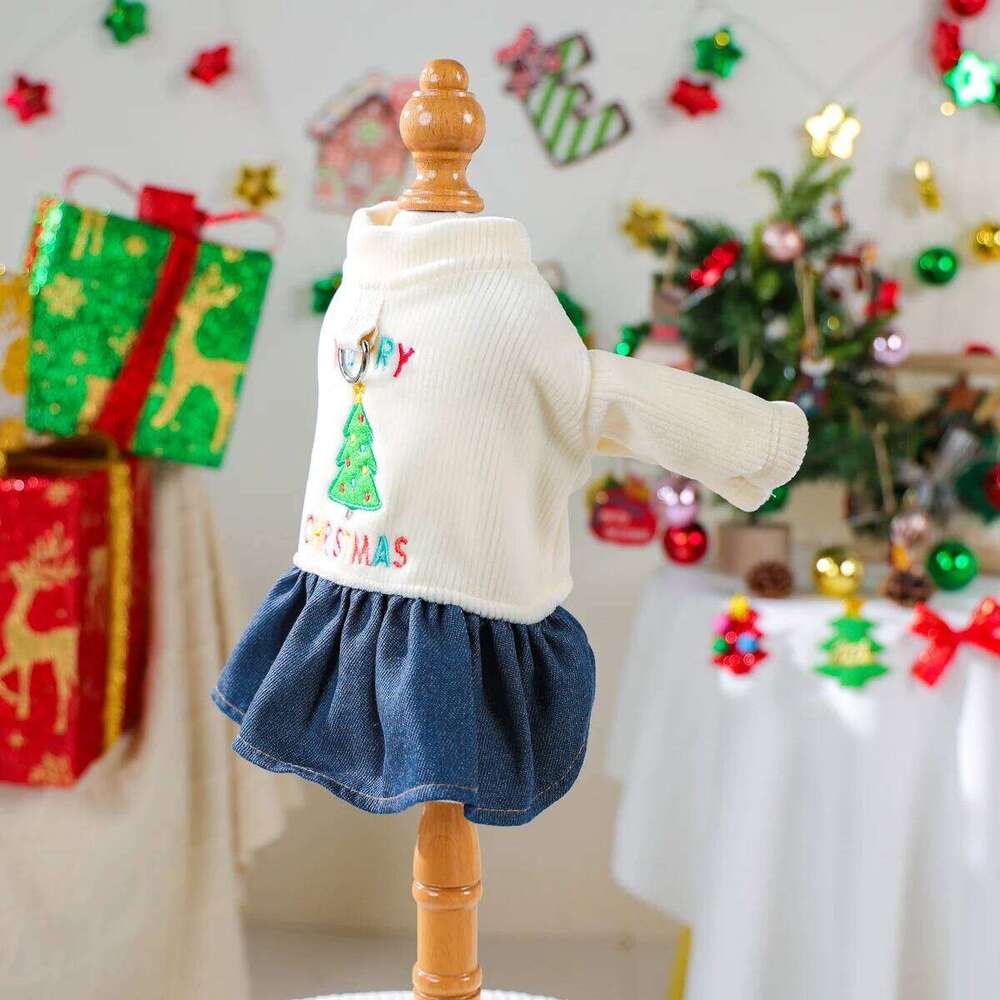 Cat Dog Pet Blue and White Color Scheme Open Lady Temperament Christmas Style Traction Button Dress H260129