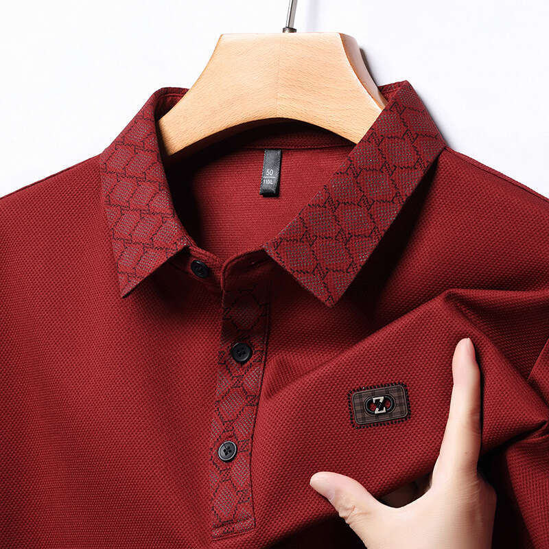 Men's Base Shirt Autumn for Middle-aged and Young Fashion Casual Turn-down Collar with Chest Embroidery Trendy Long Sleeve Polo
