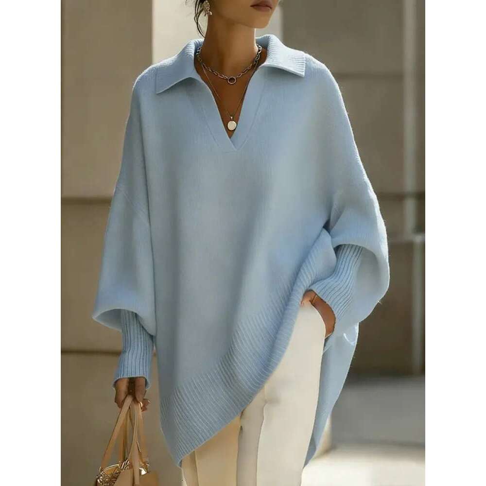 Cross-Border Spring and Autumn New Independent Station Solid Color Long Sleeve Knitted with Turn-Down Collar Loose Lazy Style Outerwear Sweater for Wo