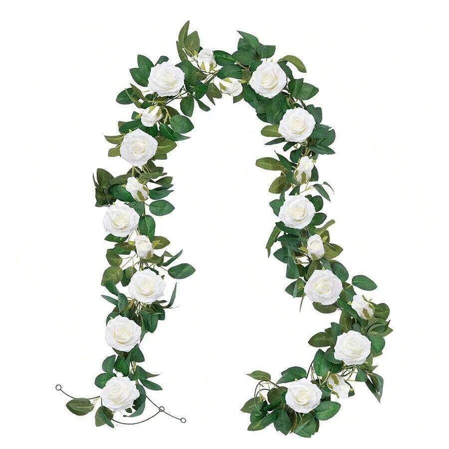 1pc 200cm/6.5ft Artificial White Rose Vines Floral Garlands Total, Fake Vine Silk Flower Garland for Indoor, Outdoor Home Wedding W260130