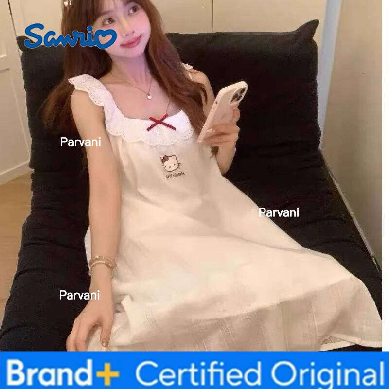 Sanrio Hello Kitty Women's Kawaii Cartoon Summer Young Girl Sleeveless Sleeping Pajamas Long Skirt Home Clothes H260130