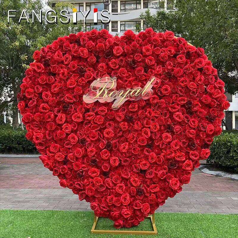 Luxury Red Rose Green Leaf Floral Arrangement With Cloth Base Decor Wedding Backdrop Heart-Shaped Arch Frame Stage Flower Stand Y260130