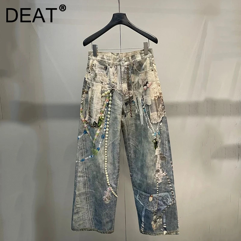 DEAT Fashionable Niche 3D Printed Lace Pearl Chain Denim Pants For Women High Waist Straight Leg Jeans Female Trendy 11A05476 260126