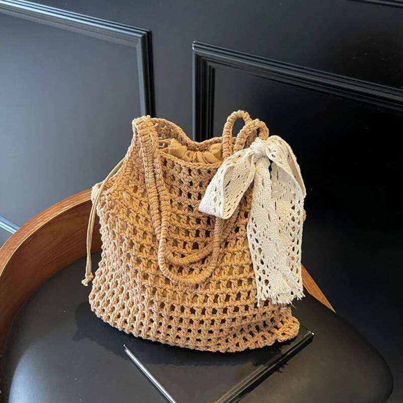 Crochet Lace Bow Tote for Women Summer Beach Handbag Large Capacity Hollow Out Knitted Bags Bohemian Woven Shoulder Bag Z260130