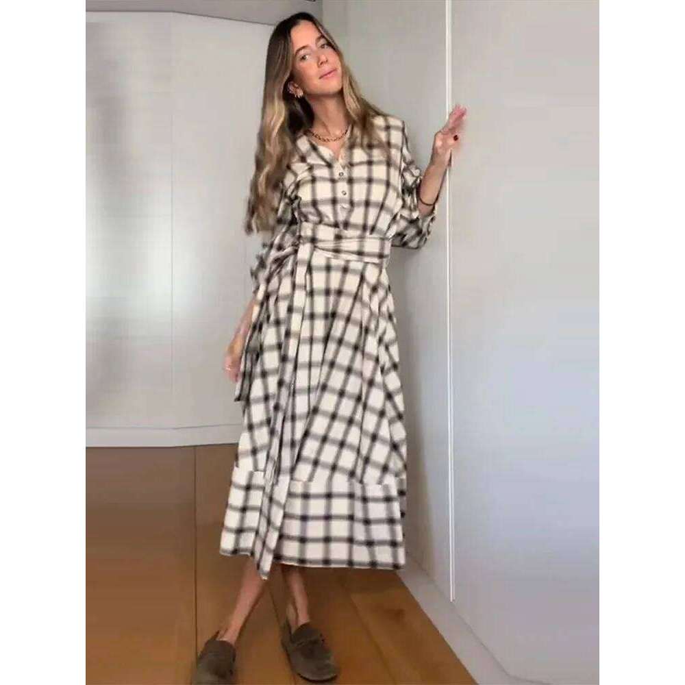 HipSeam Women Check Shirt with Belt Spring Autumn O Neck Button Women's Long Dress Flared Hem Female Chic Midi Dresses XJ260130