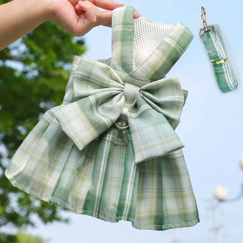 with Leash Traction Plaid JK Dress Thin Comfortable Pet Harness Adjustable Dacron Dog Bow Skirt Cat H260129