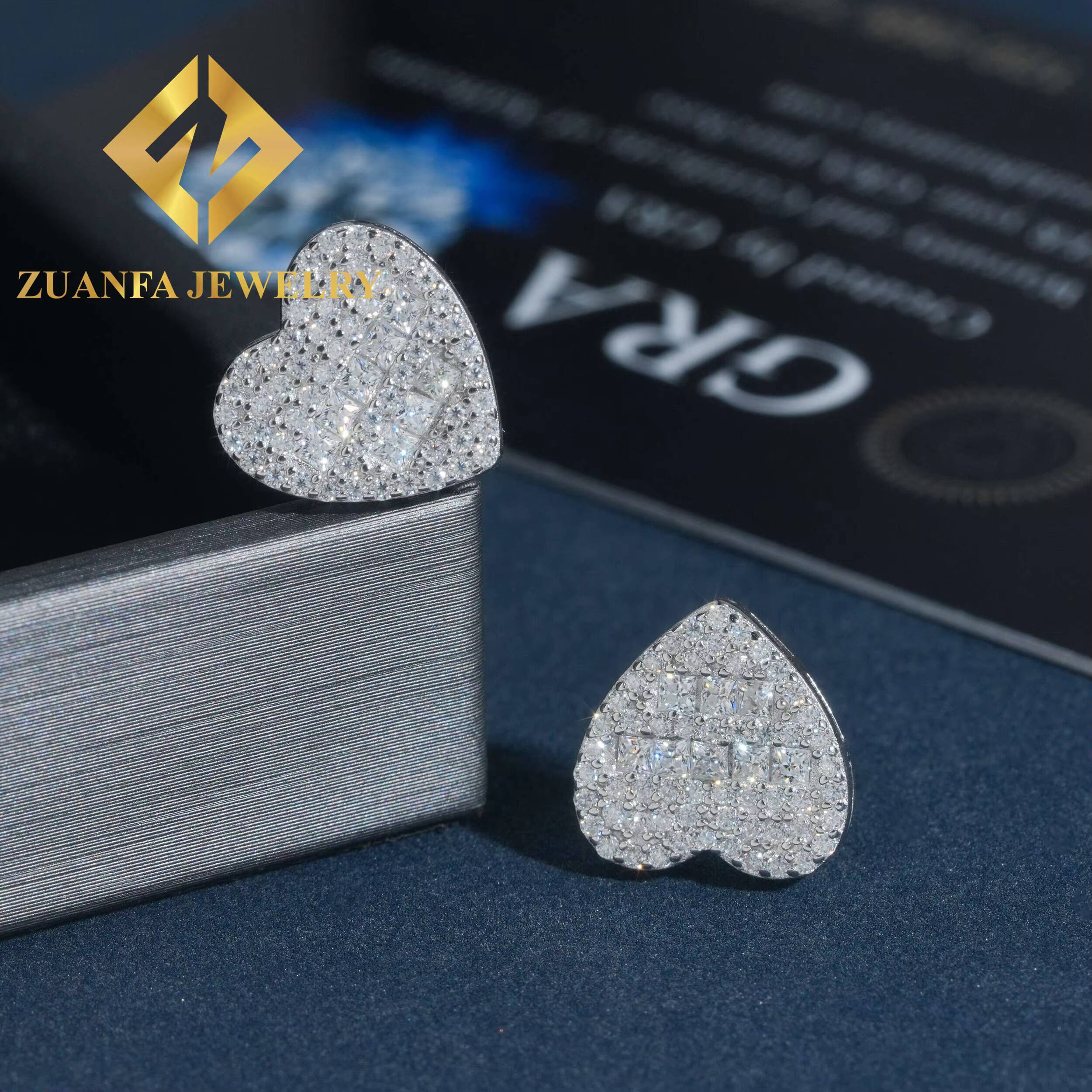 Wholesale Price Heart Shape Stud Earring Hip Hop 925 Sterling Silver baguette Moissanite Luxury Stud Earring