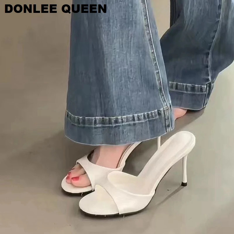 Fashion Sexy Thin High Heels Slides Women Open Toe Pumps Slip Sandal Female Slippers Mule Patent Leather Outdoor Flip Flops 260124