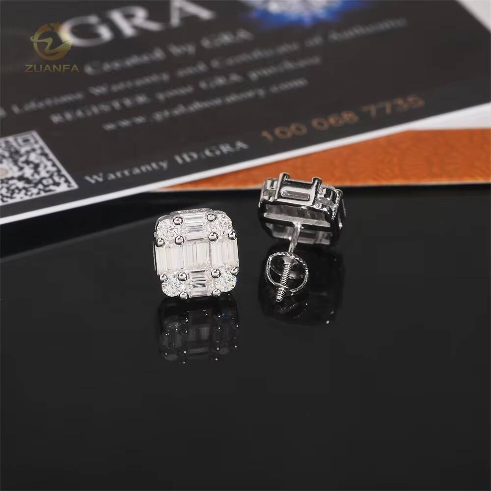 Pass Diamond Tester High Quality Baguette Diamond Design 925 Sterling Silver White Gold Moissanite Earrings