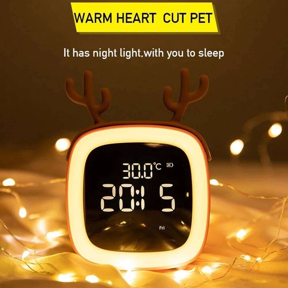 Novelty LED Night Light USB Rechargeable Electronic Alarm Clock for Children Student Gift Bedroom Bedside Cartoon Deer Bear Lamp W260130