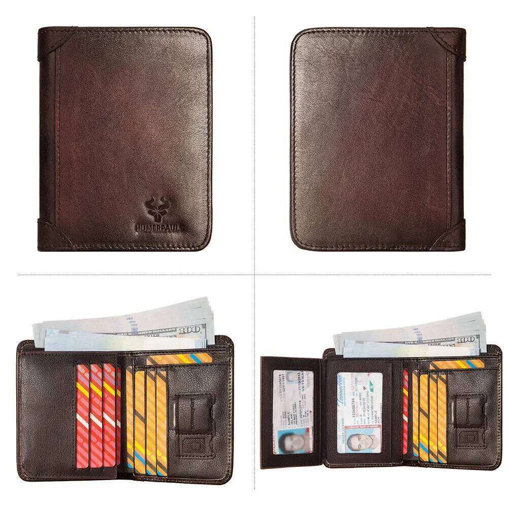 HUMERPAUL Classic Style Wallet for Men Genuine Cowhide Leather RFID Short Trifold Purse with ID Window and Credit Card Holder Z260130