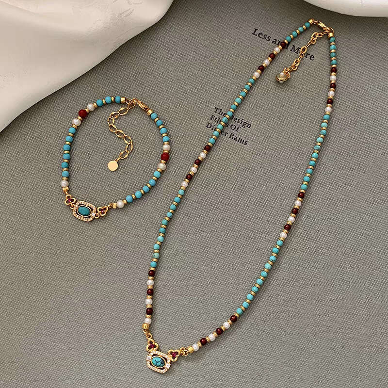 Turquoise Red Agate Shijia Pearl Beaded for Women Elegant Internet Celebrity Light Luxury New Chinese National Style Collarbone Necklace