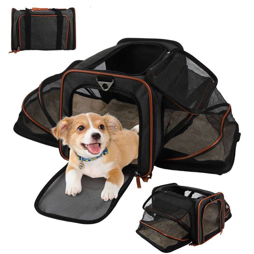 Double-sided expandable cat/dog carrier with removable plush pad, meets airline carry-on regulations, for cats/small dogs 26H0130