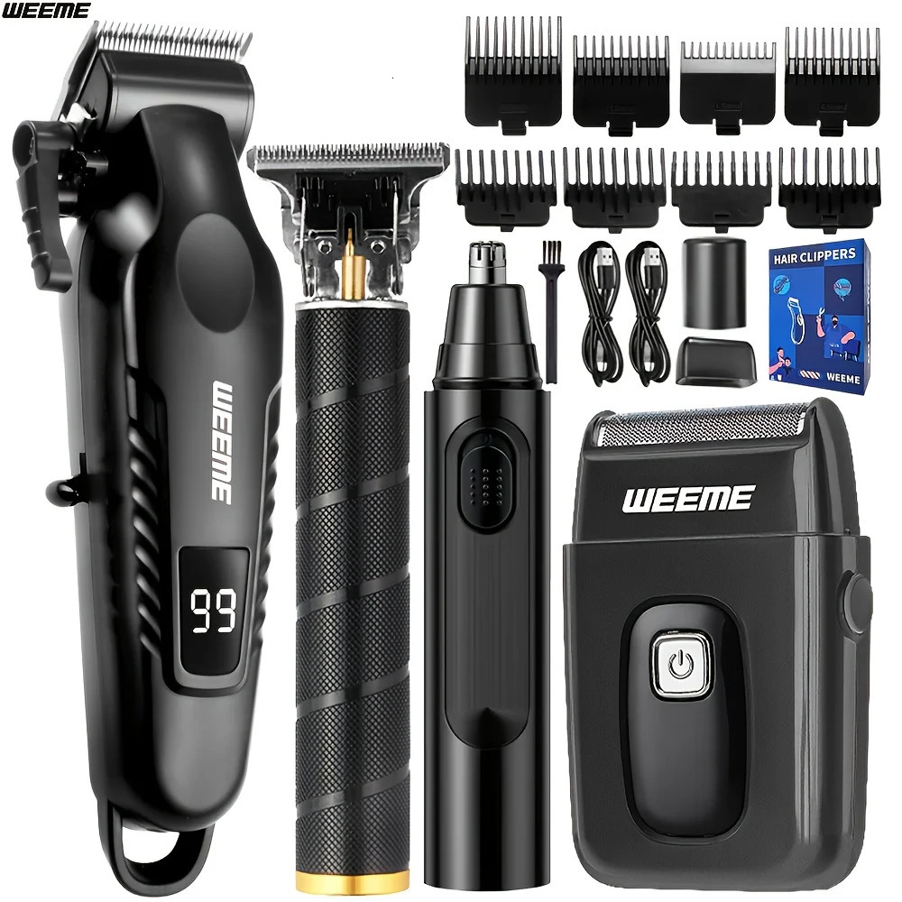 WEEME 4 in 1 Men Grooming Kit LCD Display USB Rechargeable Hair Clipper Beard Trimmer Nose Trimmer T-Blade Shaver Gift for Dad 260129