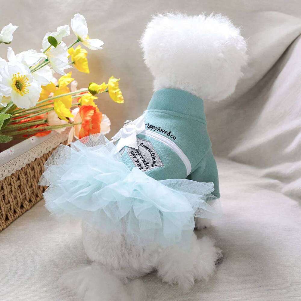 1PC Pet Clothes Dog Cat Autumn Thickened Warm Lake Blue Bow Open Mesh Dress H260130