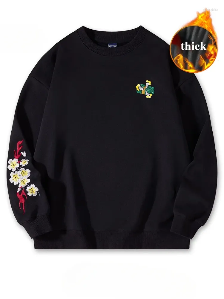 Men's Hoodies Crewneck Sweatshirt Men Casual Embroidery Vintage Chinese Hip Hop Warm Fleece Pullover Cotton Harajuku Streetwear Youth