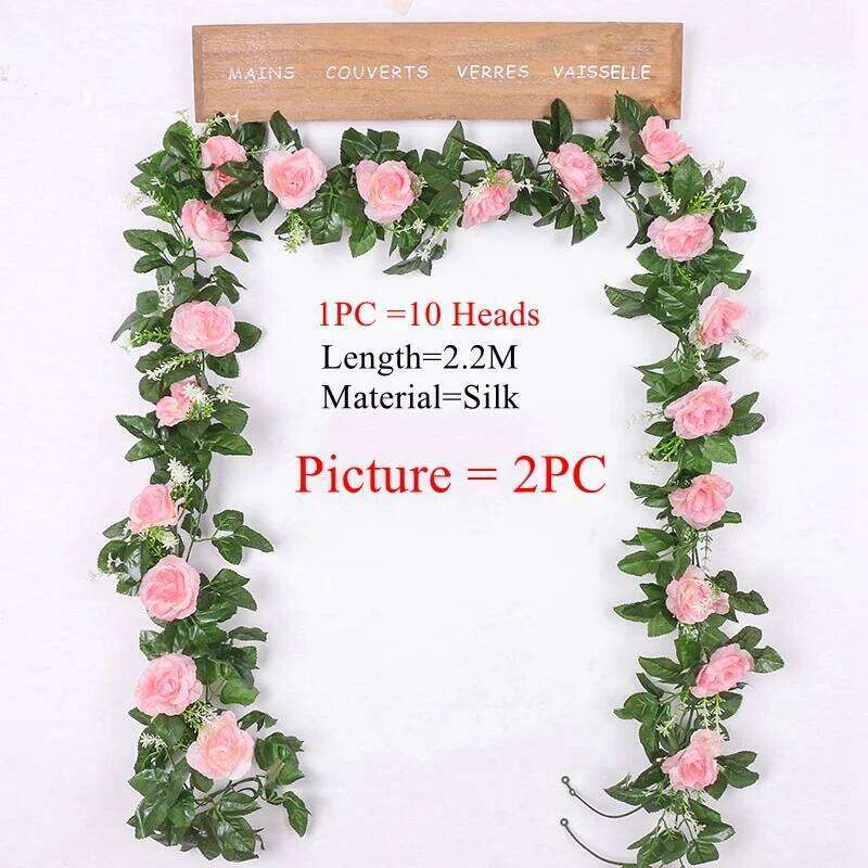 2.2M Artificial Rose Vine with 10 Blooms White pink Faux Floral Hanging Decor for Wedding Indoor Durable Plastic Plant W260130