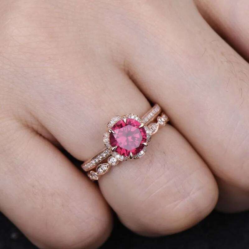 Luxury and round red cubic zirconia chic engagement wedding double ring fashionable women's jewelry XJ260130