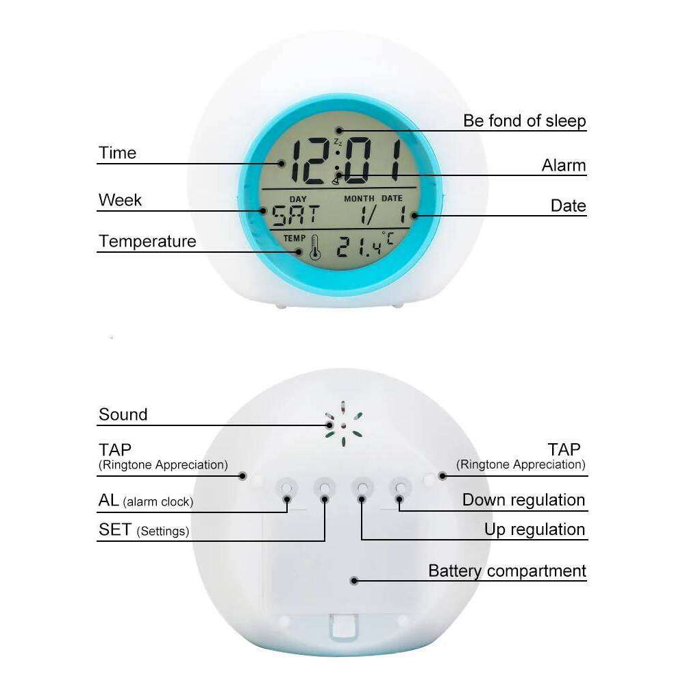 Creative 7 Colorful Round LED Light Clocks Time Date Display Temperature Detection Multi Functional Circular Alarm Clock W260130