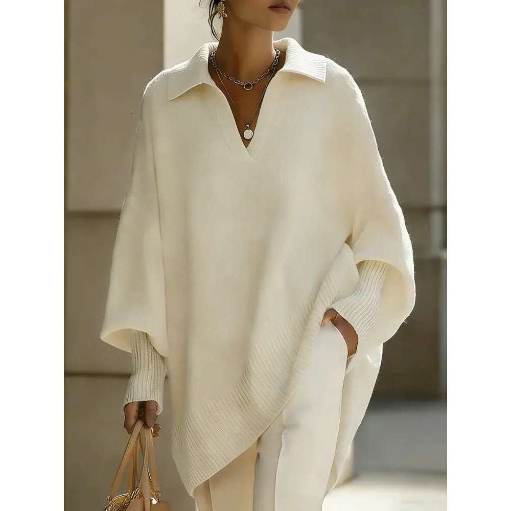 Cross-Border Spring and Autumn New Independent Station Solid Color Long Sleeve Knitted with Turn-Down Collar Loose Lazy Style Outerwear Sweater for Wo