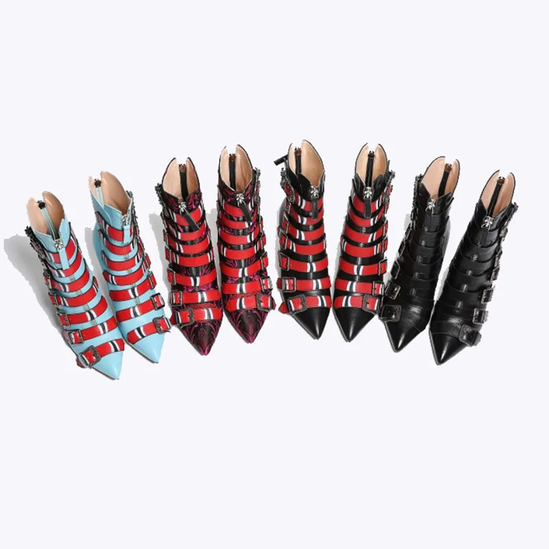 Brand Fashion Show Genuine Leather Women's Short Boots Belt Buckle Pointed High Heels Fashion European American Woman Shoe, kitten heel, zipper, 