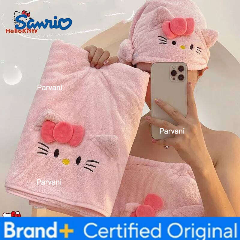 Sanrio Kawaii Anime Hello Kitty Dry Hair Hat Cute Cartoon Skirt Bath Coral Fluff Towel Water Absorption Artifact Household H26013011