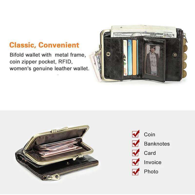 Contact'S Genuine Leather Wallet Women Small Metal Frame Purse Ladies Hasp and Zipper Coin Pocket Holder Z260130
