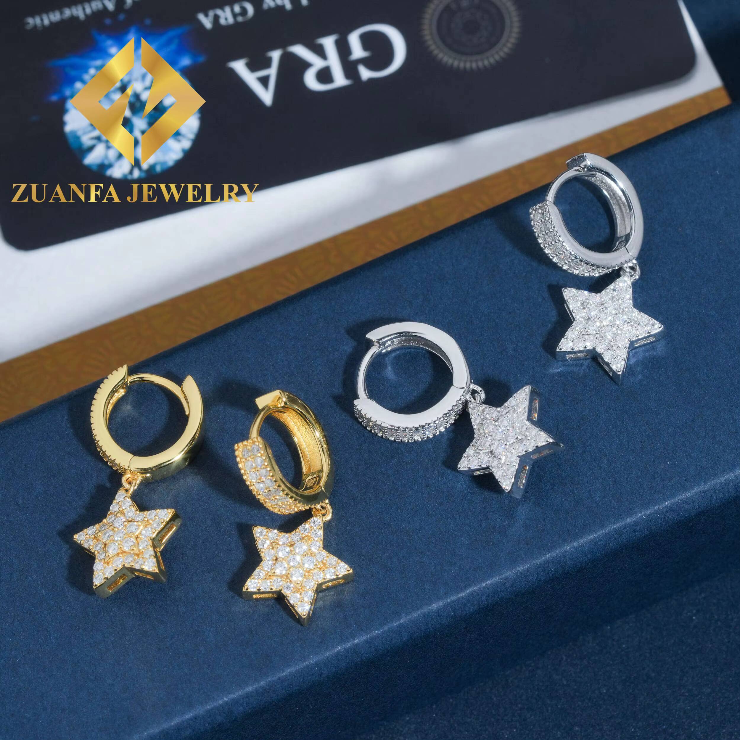 925 Sterling Silver VVS Moissanite Five-pointed Star Hoops Hip Hop Fashion Cross Design Hoop Earring for Women Men