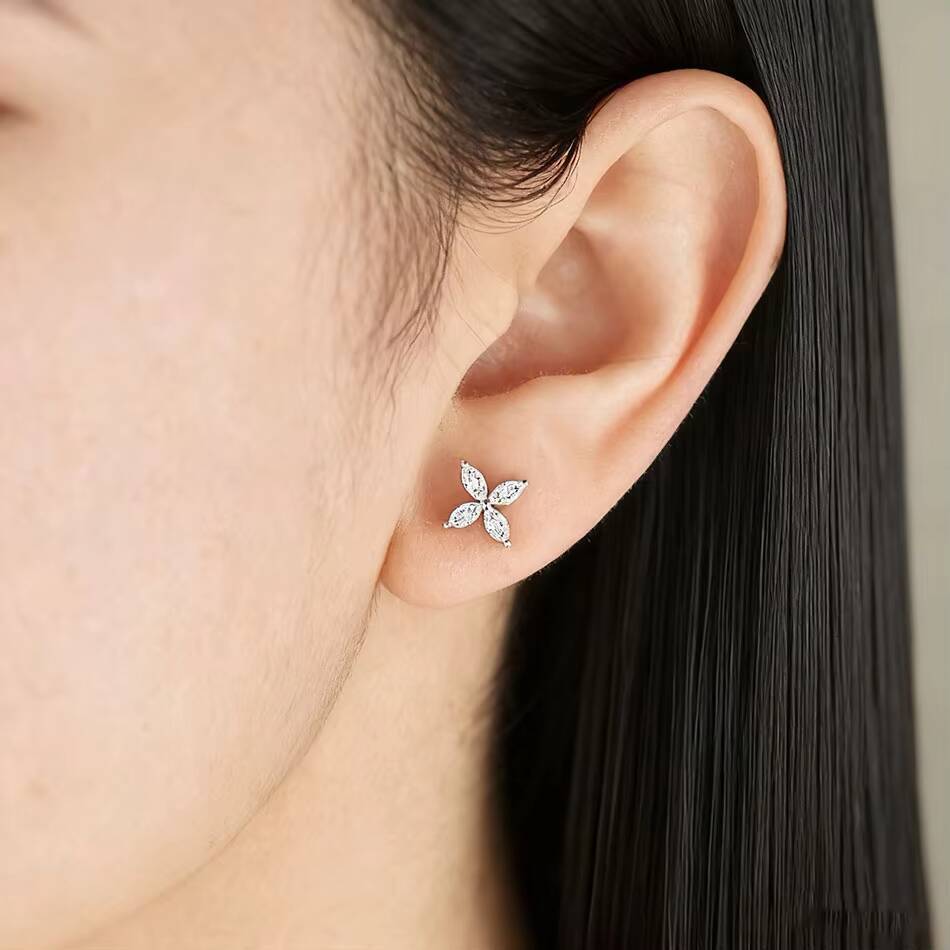 Classic Huacan Luxury 18K Gold Marquise Cut Lab Diamond Clover Flower Stud Earrings Trendy Designer Daily Wear