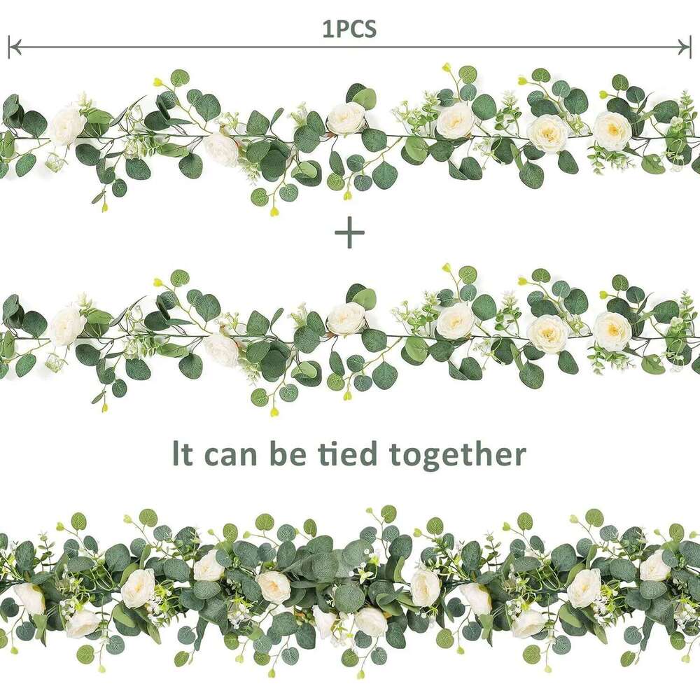 2pc 1.8M Realistic Faux Eucalyptus & White Roses Garland Vine for Wedding Arch Table Centerpiece Balcony Staircase Party Decor W260130