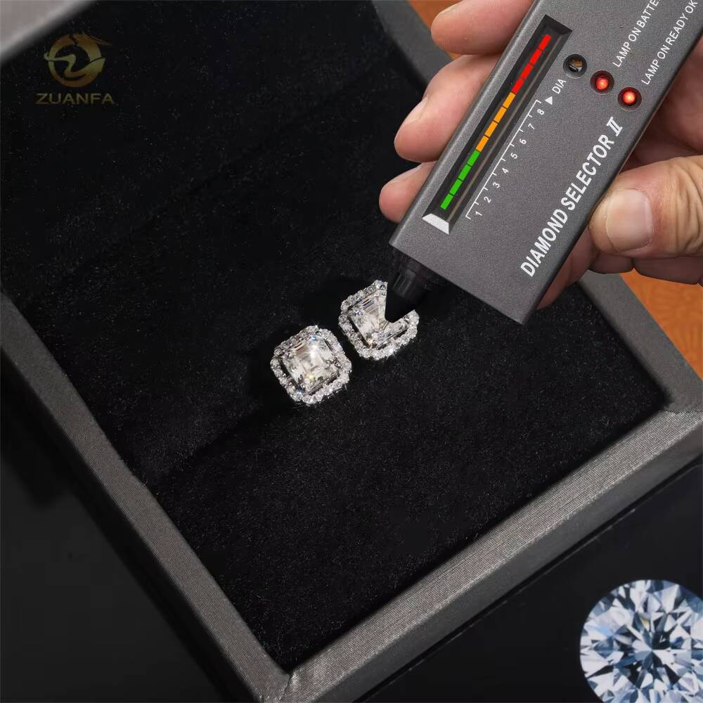Wholesale Price Hip Hop Halo Asscher Cut Gemstones VVS Moissanite Silver Men Gold Plated Earrings