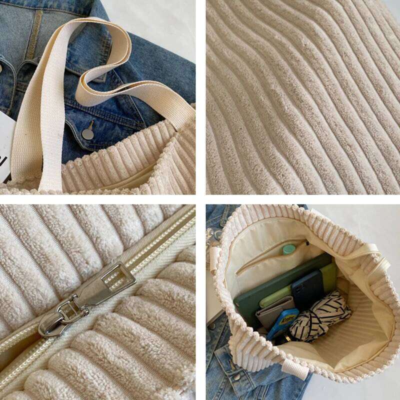 Corduroy Large Capacity Commuting Women's Tote Bag Zipper Students Handbag Shopping Z260130
