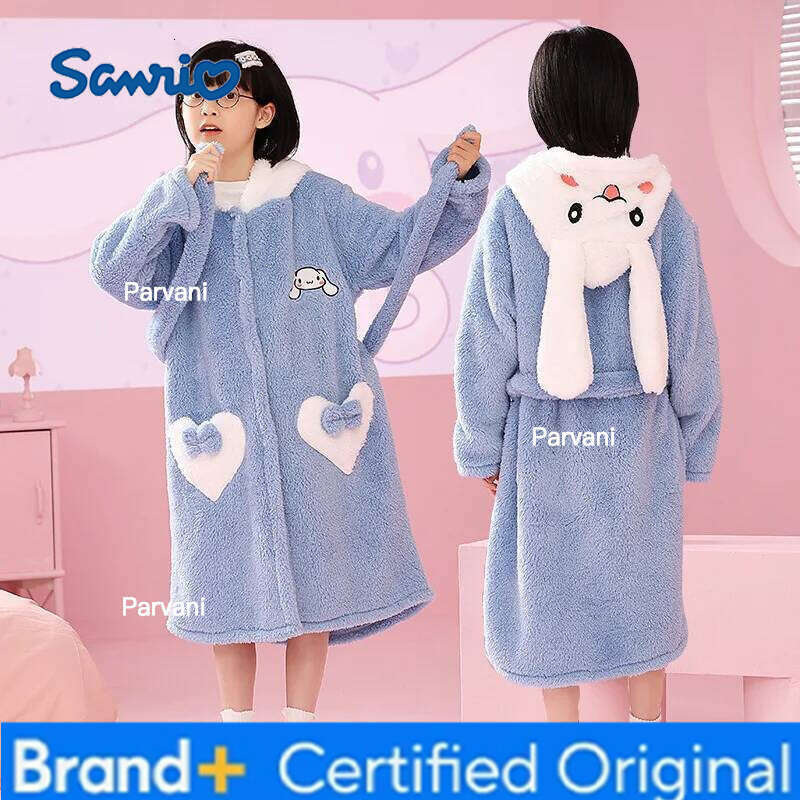 Sanrio Kawaii Hello Kitty Pajamas Coral Velvet Children Girls Heart Cartoon Anime Sleeping Robe Hooded Loungewear Toys for Kids H260130