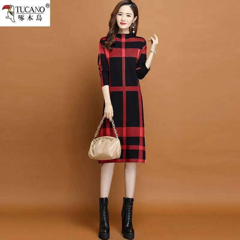 2025 Autumn/Winter New Knitted Dress Over Knee, Half High Neck, Loose Coat, Woolen Dress, Medium to Long Style Pullover Sweater XJ260130