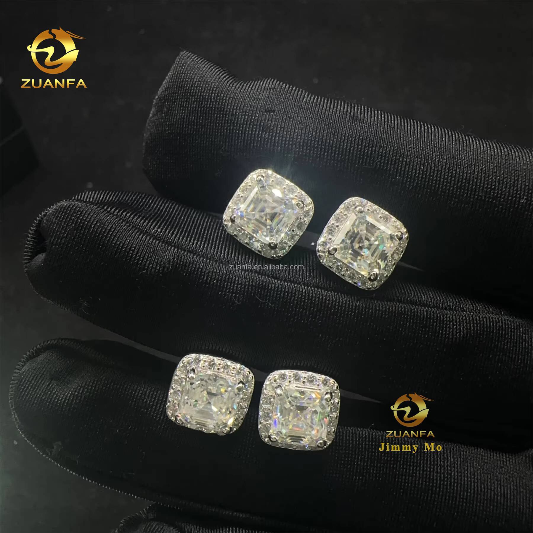 Ready to Ship Bulk Stock Pass Diamond Testser Iced Out Hip Hop Sterling Silver Square Asscher Moissanite Diamond Stud Earrings