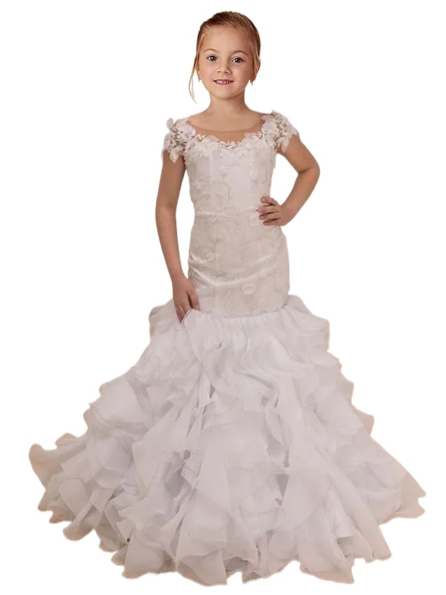 Dresses Mermaid Wer For Wedding Ral Lace Appliques Short Sleeves Ruffles Junior Bridesmaid Gowns Sweep Train Little Girl Formal Party Dress 0121